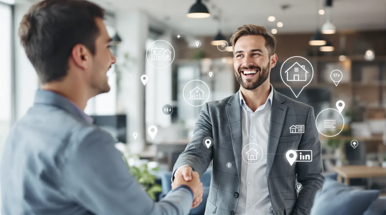 Real estate agent shaking hands with a client, with digital search and location icons overlay.
