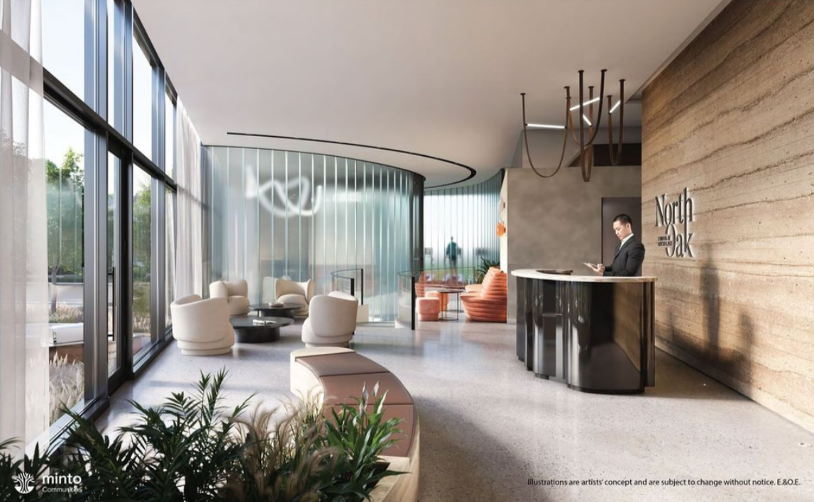 A modern lobby with floor-to-ceiling windows, curved seating, a reception desk with a man behind it, and contemporary décor elements.