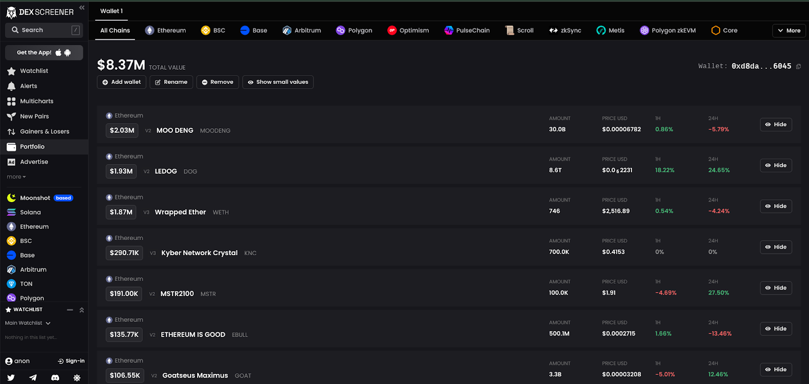 Screenshot of DEXscreener portfolio management