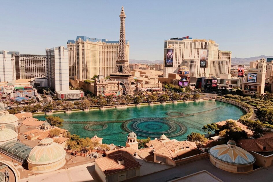 View of the Las Vegas strip with lots of hotels, casinos, and of course the Eiffel Tower